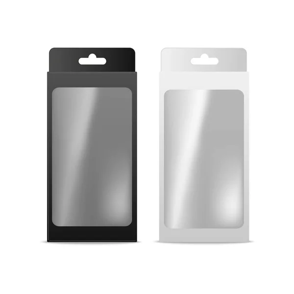 Bílý a černý produkt mock-up balení box s okna ilustrace izolované na bílém pozadí. Vektor balení produktu. — Stockový vektor
