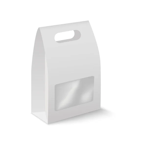 Modèle blanc rectangle en carton blanc à emporter poignée boîte à lunch emballage pour sandwich, nourriture, cadeau avec fenêtre en plastique. Vecteur . — Image vectorielle