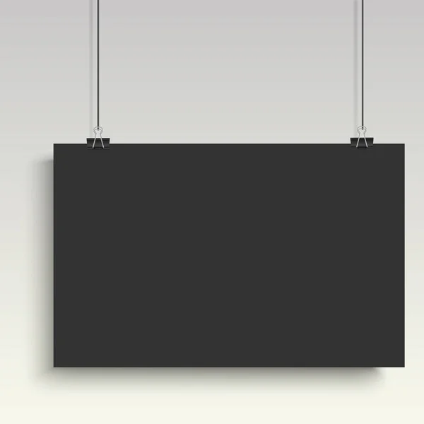Schwarzes Plakat, das am Ordner hängt. grauen Hintergrund mit Attrappe leeren Papiers leer. Vektor. — Stockvektor