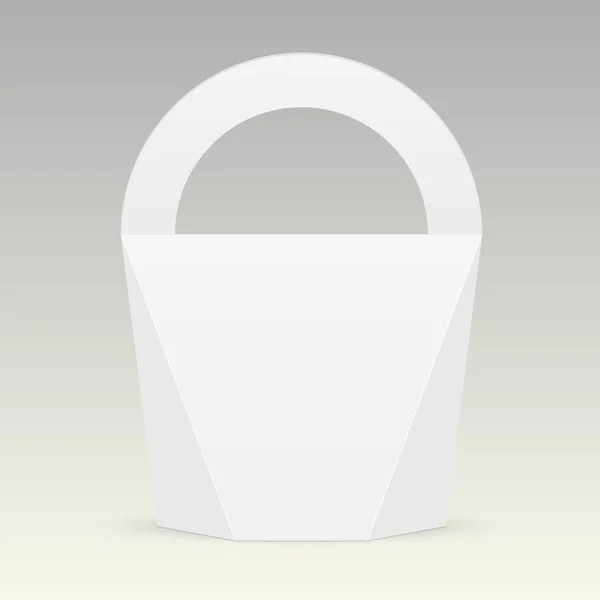 Λευκό χαρτόνι κουτί τσάντα συσκευασίας για τρόφιμα, δώρο ή άλλα προϊόντα με λαβή μεταφοράς. Διάνυσμα ομοίωμα πρότυπο έτοιμο για το σχεδιασμό σας — Διανυσματικό Αρχείο