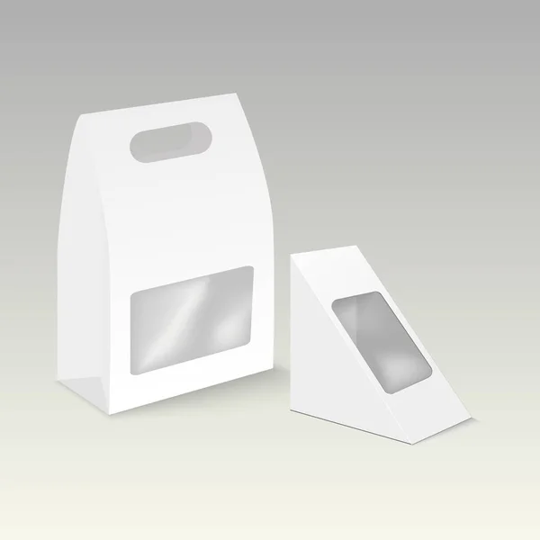 Διάνυσμα σύνολο τρίγωνο λευκό κενό ορθογώνιο χαρτόνι πάρει μακριά λαβή μεσημεριανό γεύμα κιβώτια συσκευασίας για σάντουιτς, τροφίμων, δώρο, άλλα προϊόντα με πλαστικό ομοίωμα παράθυρο — Διανυσματικό Αρχείο