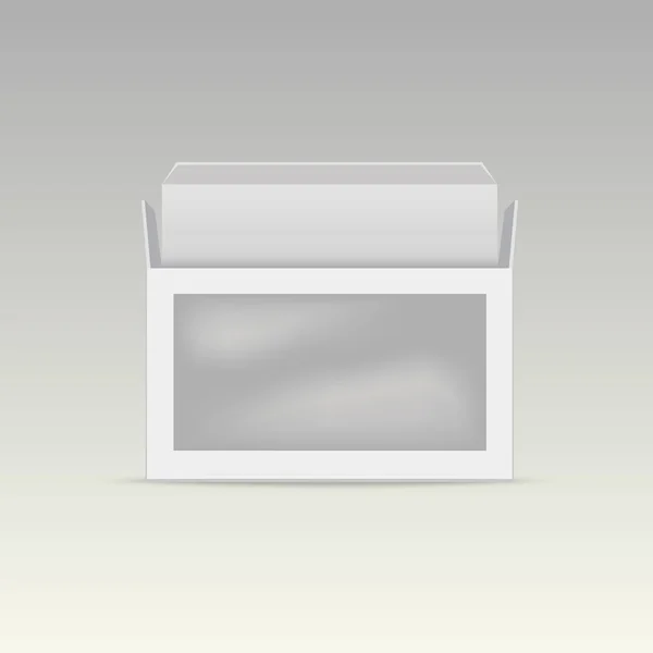 Caixa de embalagem de papelão de produto aberto com janela. Vista frontal. Ilustração vetorial . —  Vetores de Stock