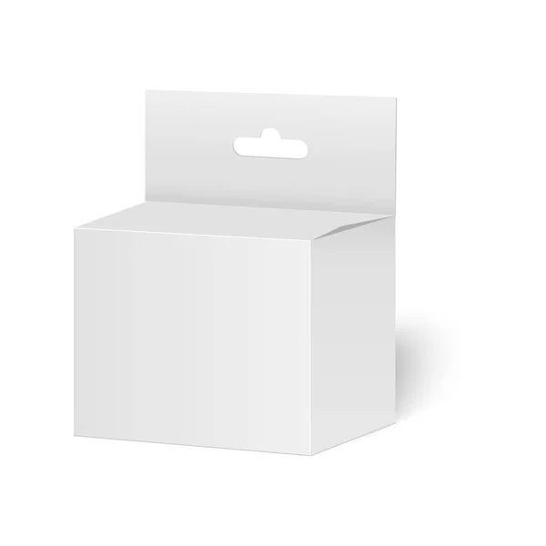 Boîte de paquet de produit blanc avec la fente de suspension. Modèle maquillé prêt pour votre conception. Vecteur — Image vectorielle