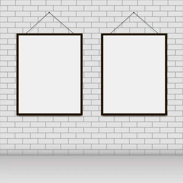 Realistische vector leeg frame opknoping op bakstenen muur. — Stockvector