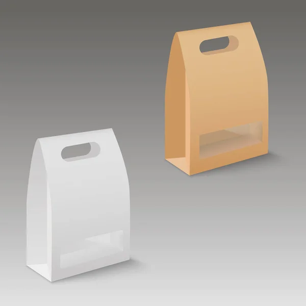 Modèle blanc et marron rectangle en carton blanc à emporter poignée boîte à lunch emballage pour sandwich, nourriture, cadeau avec fenêtre en plastique. Vecteur . — Image vectorielle