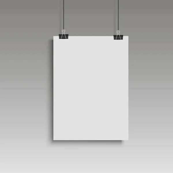 Image vectorielle affiche blanche accrochée au cartable. Mur gris avec maquette vide papier blanc. Vecto — Image vectorielle