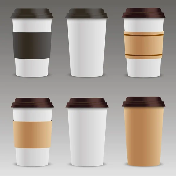 Conjunto realista de copos de café de papel. Coleção 3d xícara de café Mock up. Modelo de vetor — Vetor de Stock