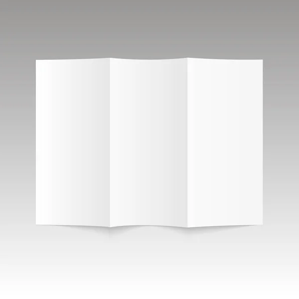 Біла порожня трикратна паперова брошура на сірому фоні з м'якими тінями та підсвічуванням. Векторне ілюстрація — стоковий вектор