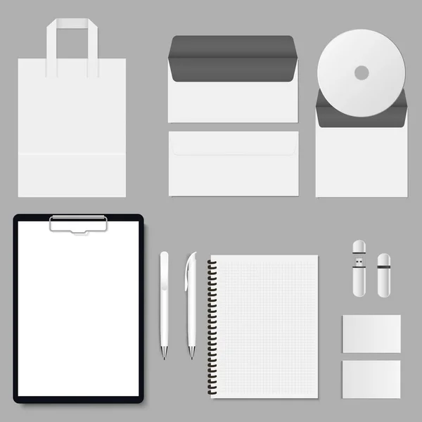 Vector corporate mock up. Set items with the clipboard folder, cover, business card, bag, compact disk, envelope and pen — Stock Vector