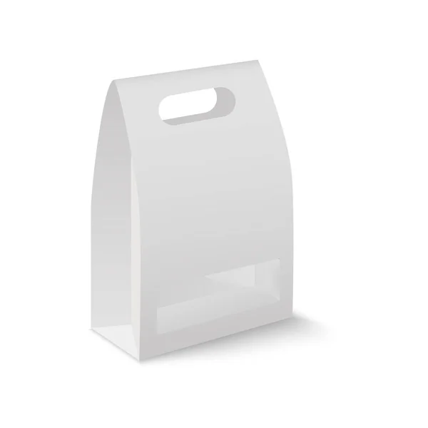 Modèle blanc rectangle en carton blanc à emporter poignée boîte à lunch emballage pour sandwich, nourriture, cadeau avec fenêtre en plastique. Vecteur — Image vectorielle
