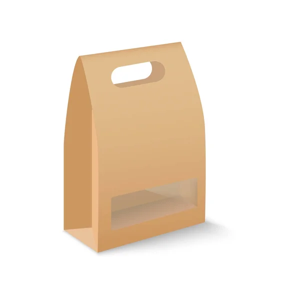 Barna modell akár üres karton téglalap veszi el fogantyú ebéd-box csomagolás szendvics, élelmiszer, ajándék műanyag ablak. Vektor — Stock Vector
