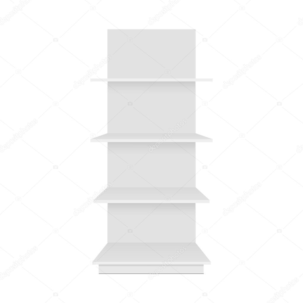 Blank empty showcase display with retail shelves. Front view. Vector mock up template ready for your design. 