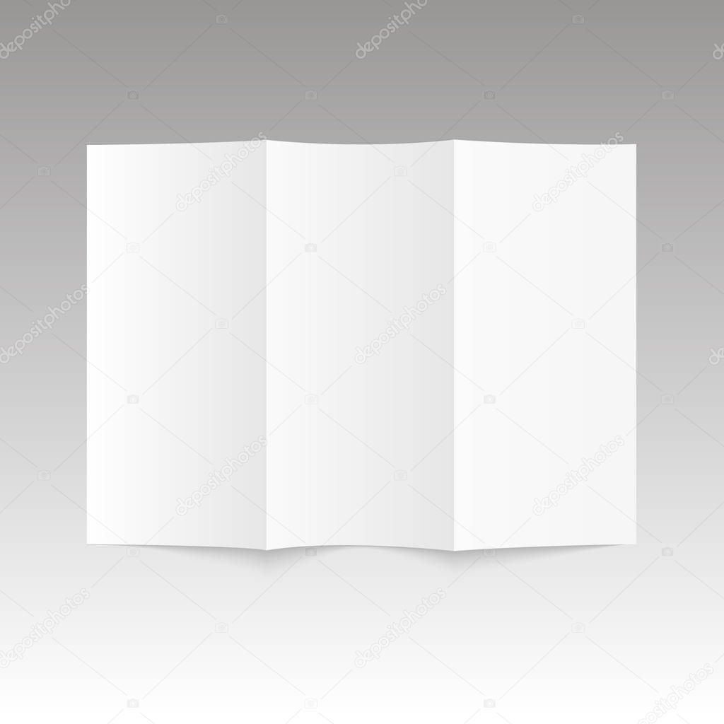 White blank trifold paper brochure on gray background with soft shadows and highlights. Vector illustratio