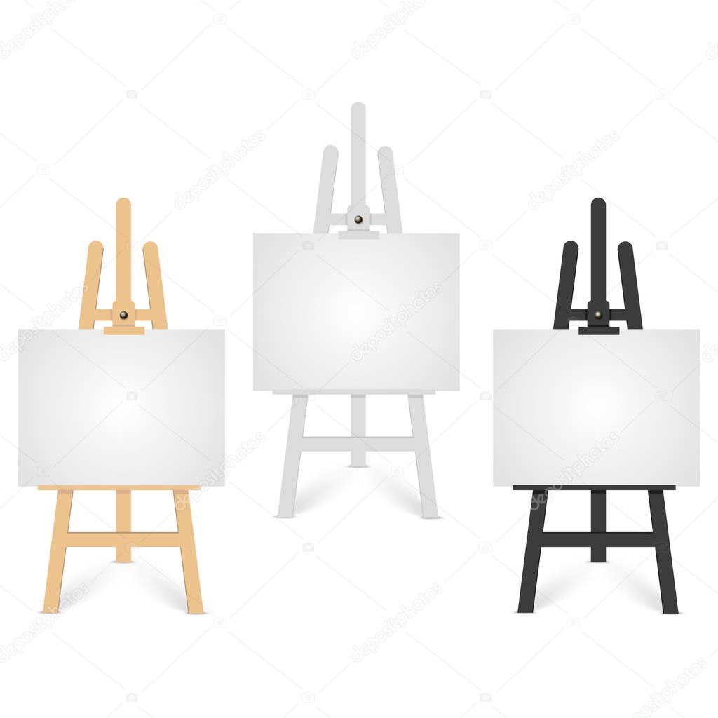 Vector set of wooden brown black white sienna easels. Vector
