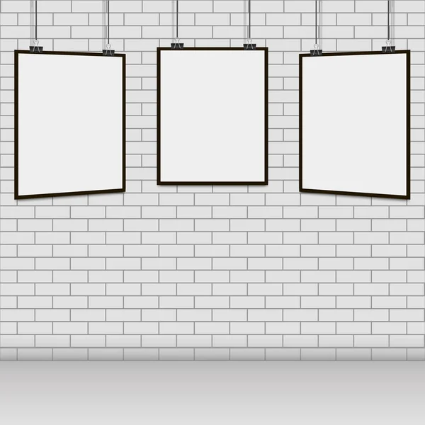 Cadre blanc vectoriel réaliste accroché au mur de briques — Image vectorielle
