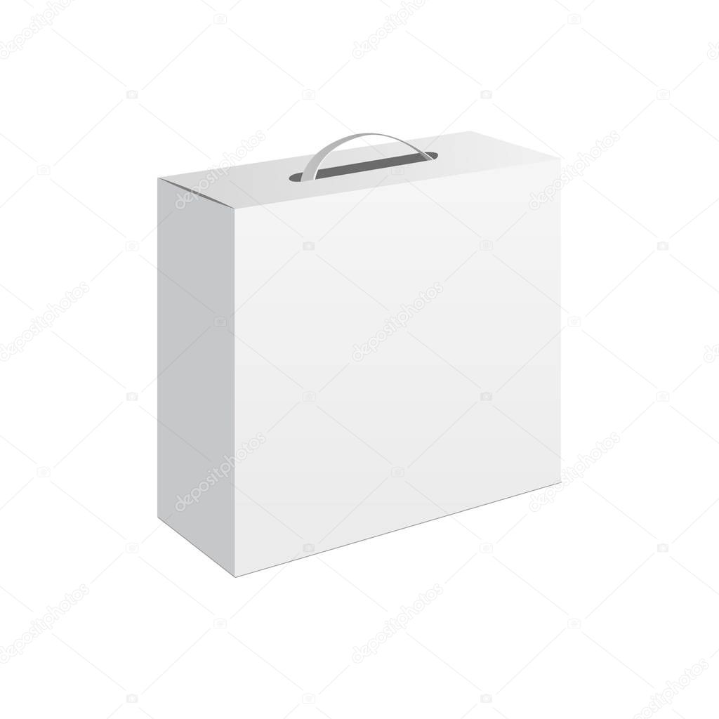 Light realistic package cardboard box with a handle. Vector illustratio