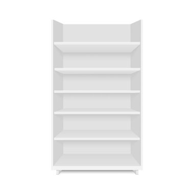 Boş boş vitrin ekran perakende raflarında. Önden Görünüm. Vektör tasarımlarınız için hazır şablon kadar sahte.