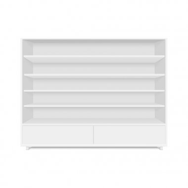 Boş boş vitrin ekran perakende raflarında. Önden Görünüm. Vektör tasarımlarınız için hazır şablon kadar sahte.