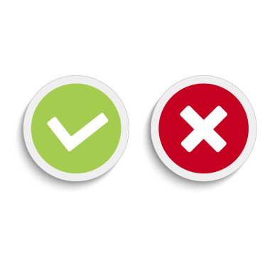 Evet ve Hayır yuvarlak simgeler beyaz zemin üzerine yumuşak gölge ile. Vektör çizim.