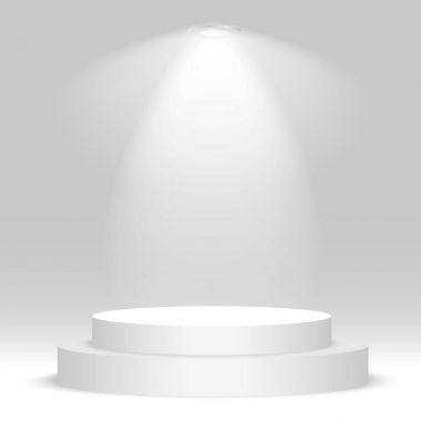 Beyaz yuvarlak podyum. Yaya, sahne, sahne ışığı. Vektör illüstrasyonu