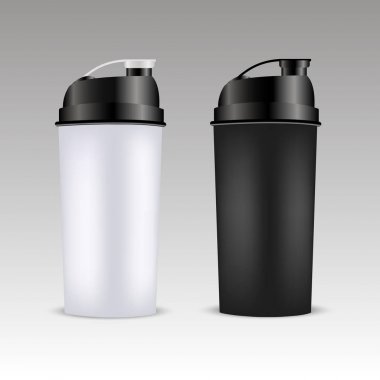 Mockup plastik Spor beslenme içecek şişesi. Peynir altı suyu proteini ve Gainer. Vektör çizim 