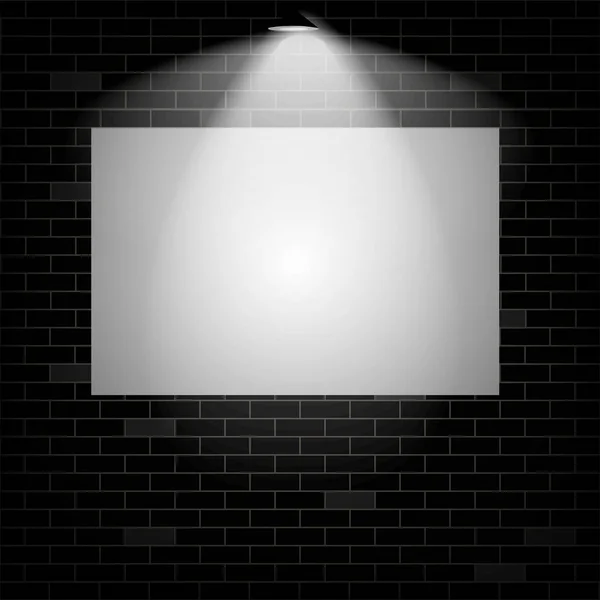 Fehér táblán egy sötét tégla fal puha fénnyel világító lámpa. Vektoros illustratio — Stock Vector