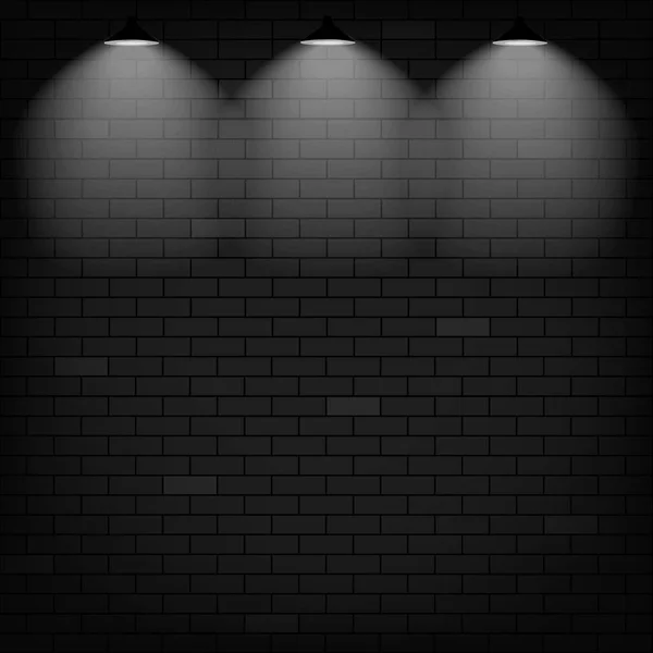 Vector scene illuminated spotlight. Black bricks wall background — Stock Vector