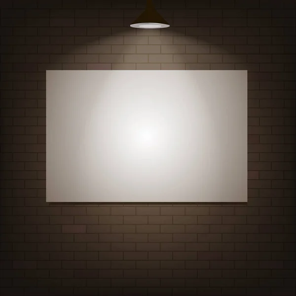 Tableau blanc sur un mur de briques avec lampe éclairée à lumière douce. Illustration vectorielle — Image vectorielle