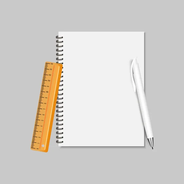 Spiraal notitie pad, liniaal en pen. Vectorillustratie — Stockvector