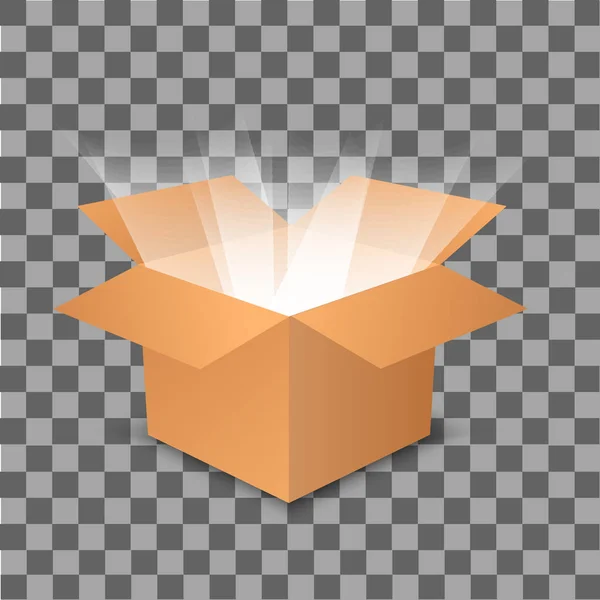 Open cardboard box with a glow inside on transparent.  vector illustration — Stock Vector