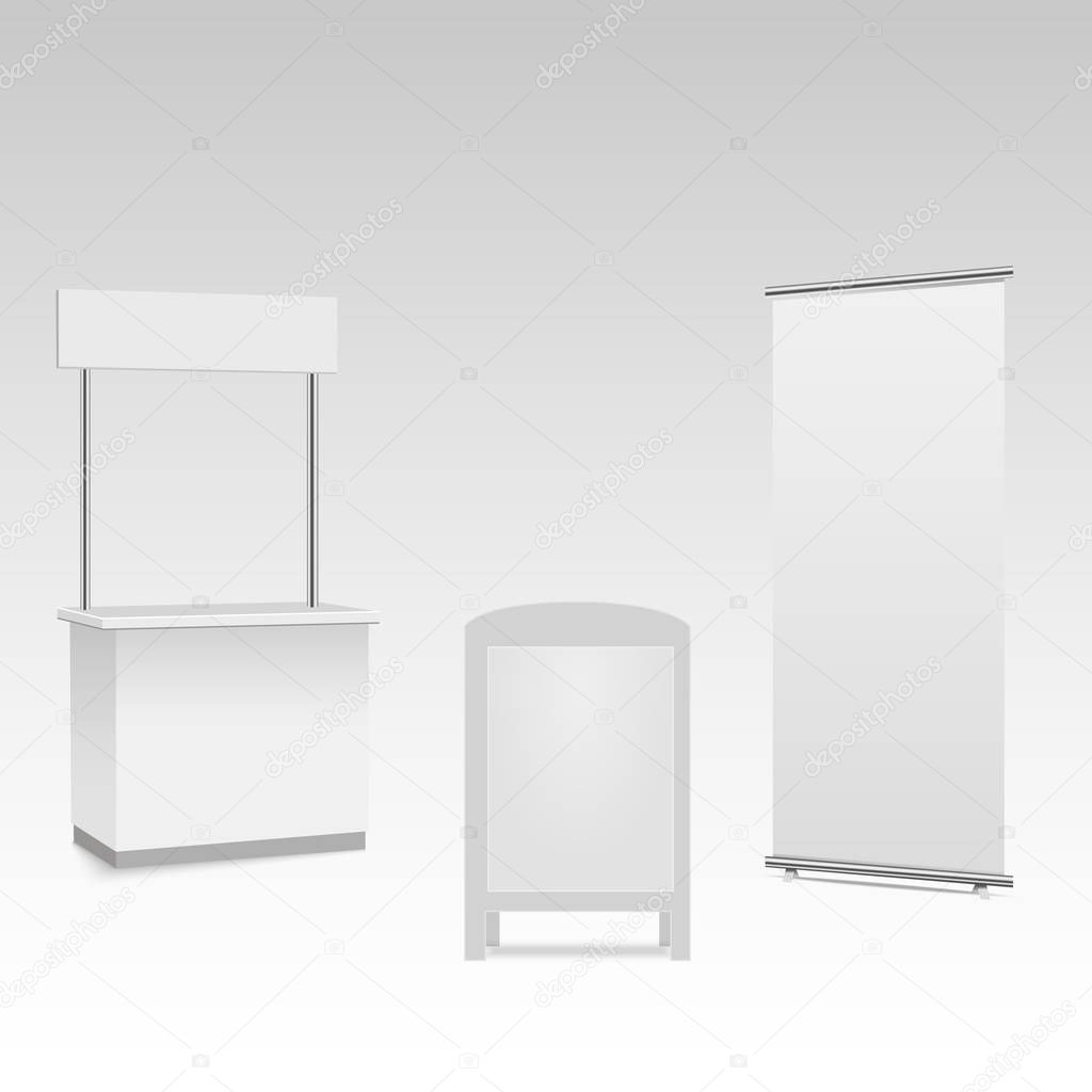 Blank trade show booth mock up. Front view. Vector isolated on grey backgroun