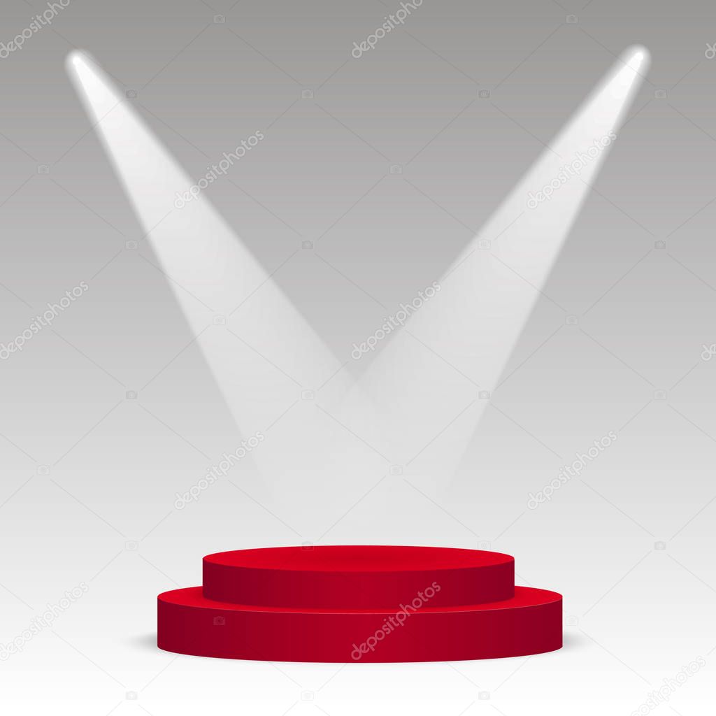 Red round podium. Pedestal, scene, spotlight. Vector illustration.