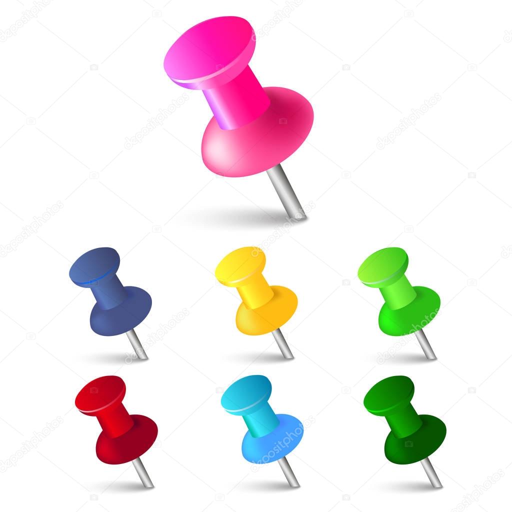 Set of push pins in different colors. Thumbtacks. Top view. Vector illustration. 