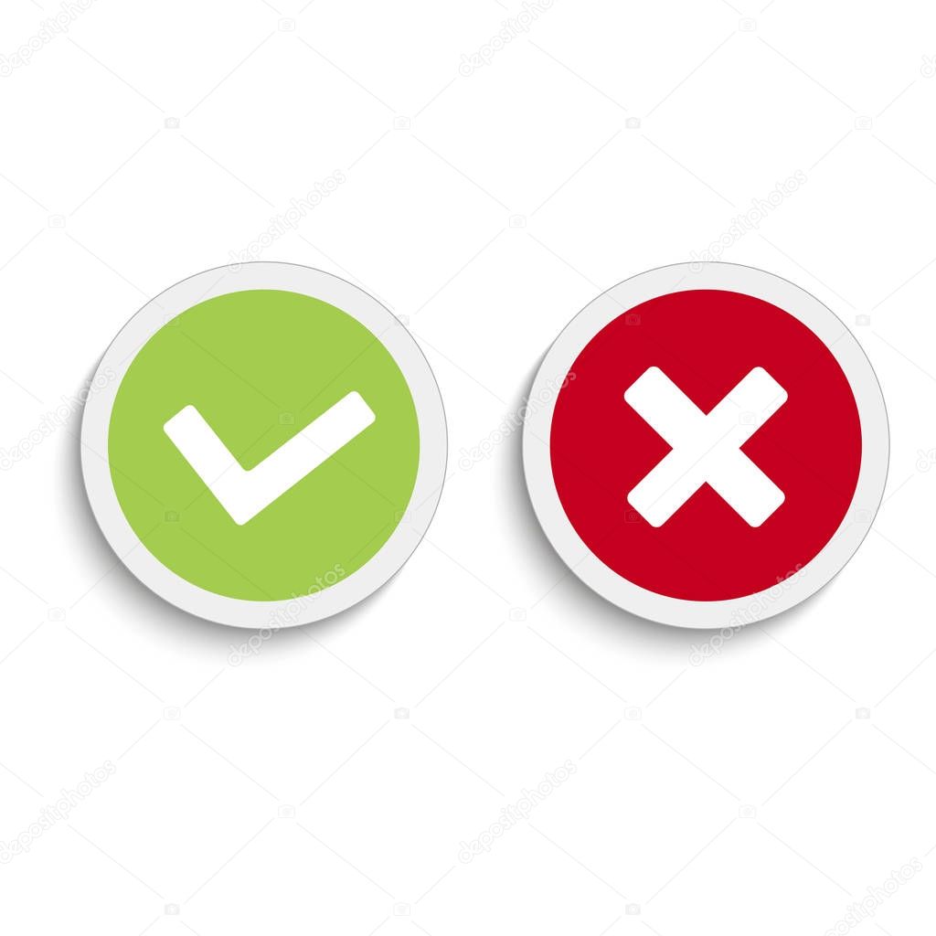 Yes and no round icons with soft shadow on the white background. Vector illustration.