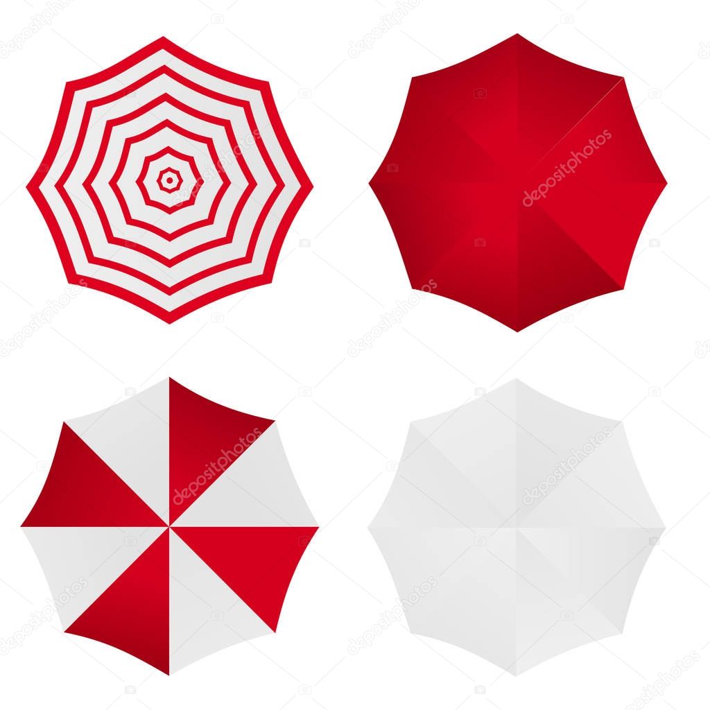 Set of white red striped blank classic opened round rain umbrella .Top View Mock up . Vecto