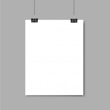 Boş kağıt çerçeve mockup ataş ile gri arka plan üzerinde asılı. Raster vektör dosyanın kopyasını.
