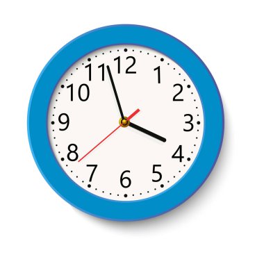 Klasik Mavi yuvarlak duvar saati üzerinde beyaz izole. Vektör çizim