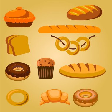 Ekmek ve pastane ürünleri simgeleri çeşitli türlü ekmek, tatlı çörek, kek, hamur ve kekler Pastane dükkanı veya gıda desig için ayarla