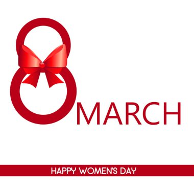 Kırmızı yay ile 8 Mart tebrik kartı şablonu. Dünya Kadınlar günü arka plan veya broşür. Mutlu kadınlar günü. Vektör çizim.