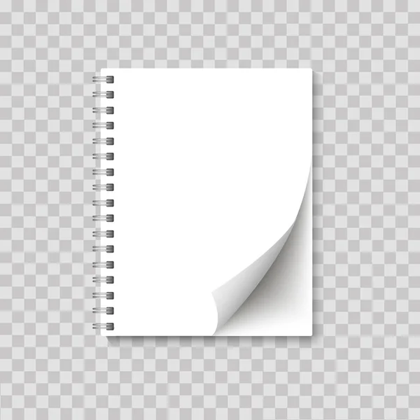 Bloco de notas espiral realista em branco com folha encurralada de papel zombar em fundo transparente. Vecto. — Vetor de Stock