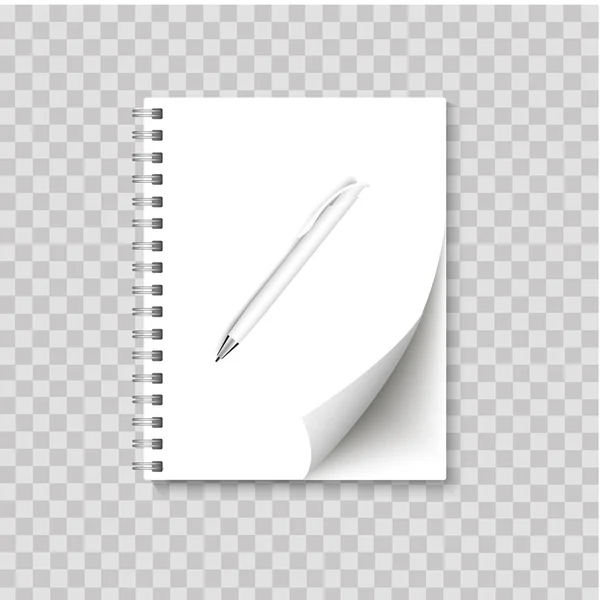 Realistic spiral notepad blank with cornered sheet of paper and pen mock up. Vector — Stock Vector