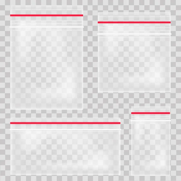 Порожні прозорі пластикові кишенькові пакети. Порожній вакуумний мішок блискавки. поліетиленовий контейнер, встановлений на прозорому фоні. Векторне ілюстрація — стоковий вектор