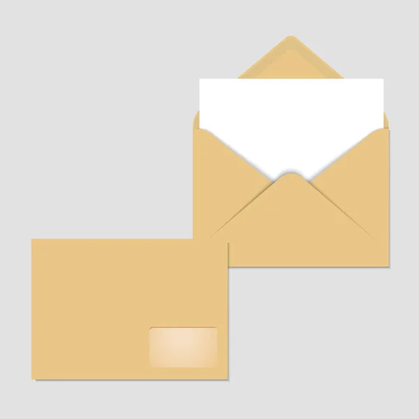 Öppna och slutna brun tomma kuvert för brev och dokument. Vektor illustration Mockup post kuvert — Stock vektor