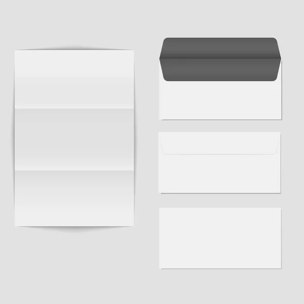 Papier gevouwen letter en lege envelop sjabloon geïsoleerd op een witte achtergrond. Realistische vectorillustratie — Stockvector