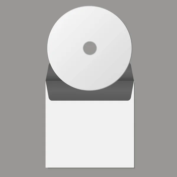 El CD realista en blanco se burla con el sobre, diseño del paquete. Ilustración del vector — Archivo Imágenes Vectoriales