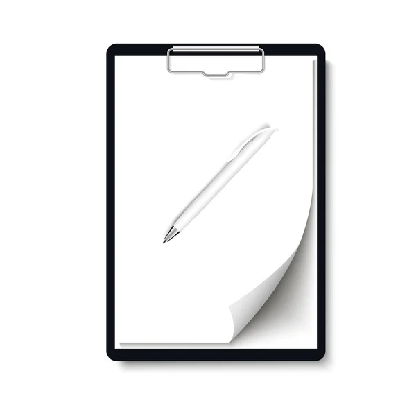 Realistische Klemmbrettmappe mit leerem weißen Blatt Papier mit gewellter Ecke und Stift-Attrappe. Vektor — Stockvektor