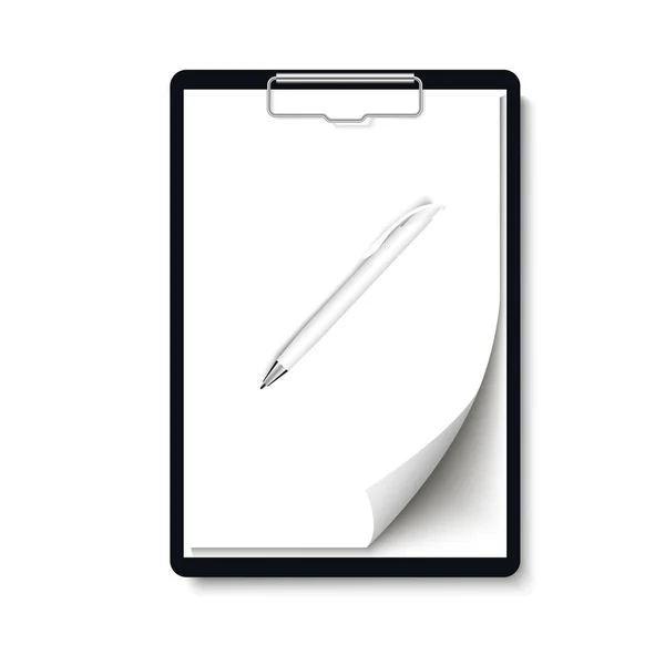 Realistic clipboard folder with blank white sheet of paper with curled corner  and pen mock up. Vector — Stock Vector