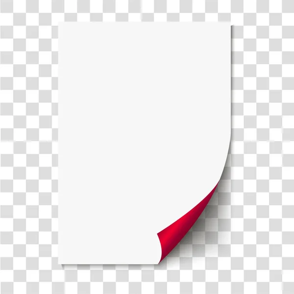 Rizos de página roja sobre papel de hoja vacío con sombra. Página plegada en blanco realista sobre fondo transparente. Ilustración vectorial — Vector de stock