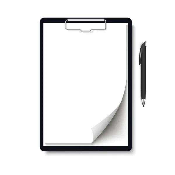 Realistic clipboard folder with blank white sheet of paper with curled corner  and pen mock up. Vector — Stock Vector