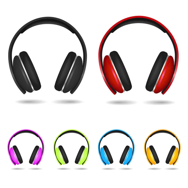 Realistiska hörlurar isolerade på vitt. Röd, blå, grön, lila och gula färger. Vector illustratio — Stock vektor